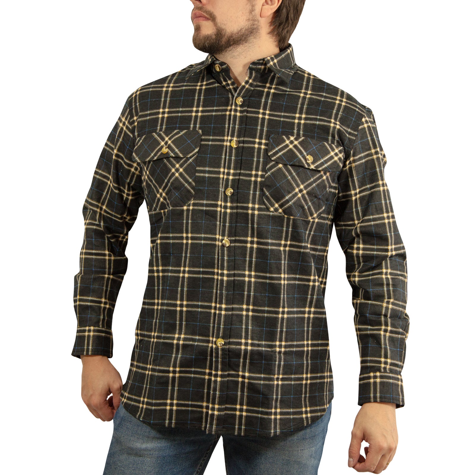 Mens FLANNELETTE SHIRT Check 100% COTTON Flannel Vintage Long Sleeve - 99 (Full Placket) - S