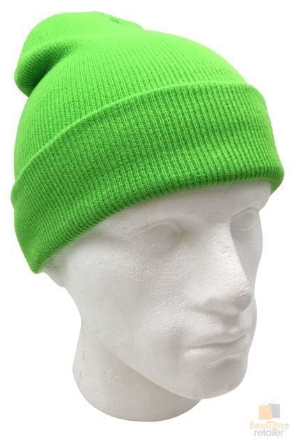 PLAIN FLURO BEANIE Hi Vis Unisex Winter Warm Hat Ski Party Costume Cap Knit - Fluro Green 3