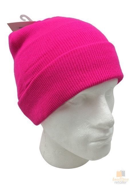PLAIN FLURO BEANIE Hi Vis Unisex Winter Warm Hat Ski Party Costume Cap Knit - Fluro Pink 3