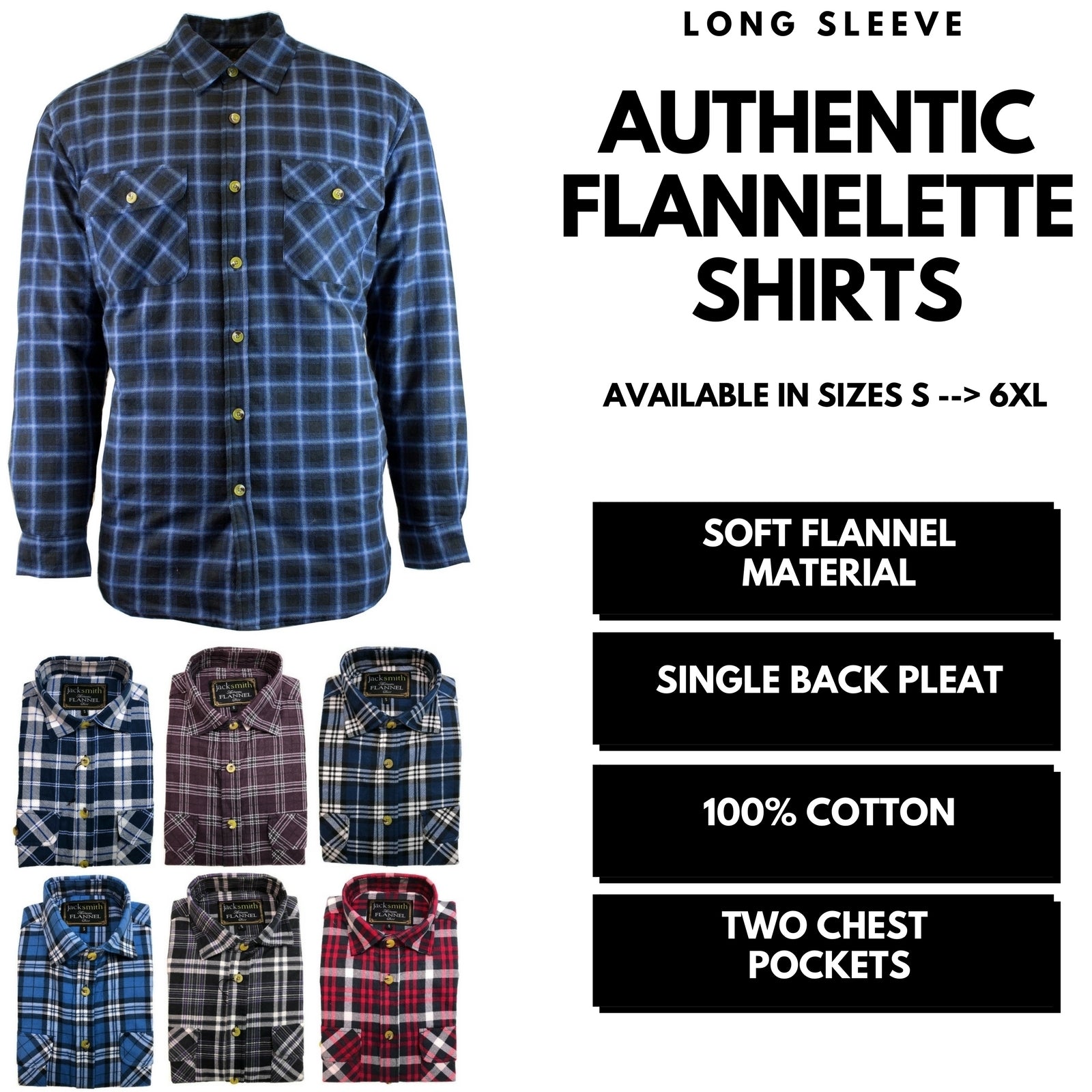 Mens Flannelette Shirt 100% Cotton Check Authentic Flannel Long Sleeve Vintage - Navy Check - S 3
