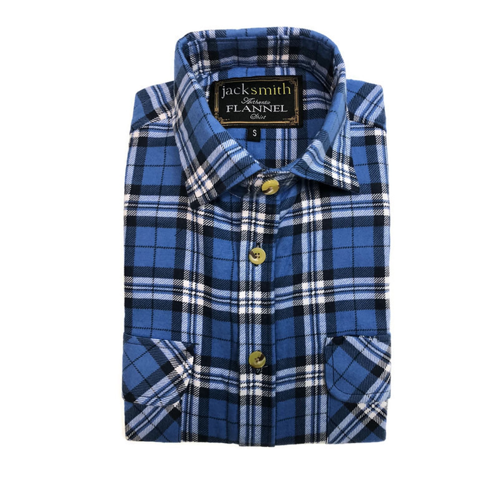 Mens Flannelette Shirt 100% Cotton Check Authentic Flannel Long Sleeve Vintage - White/Blue Denim - S 5