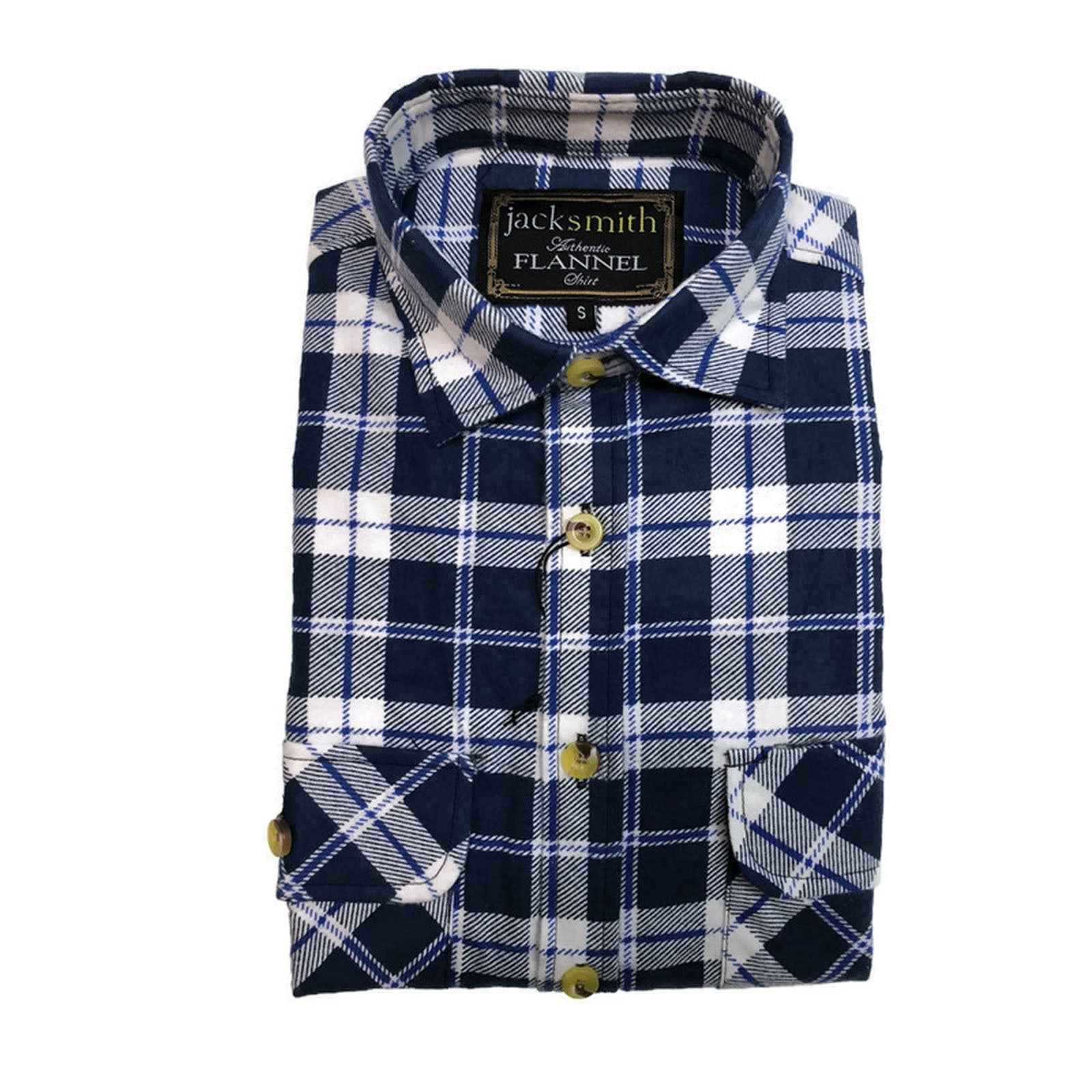 Mens Flannelette Shirt 100% Cotton Check Authentic Flannel Long Sleeve Vintage - White/Blue Denim - S 7