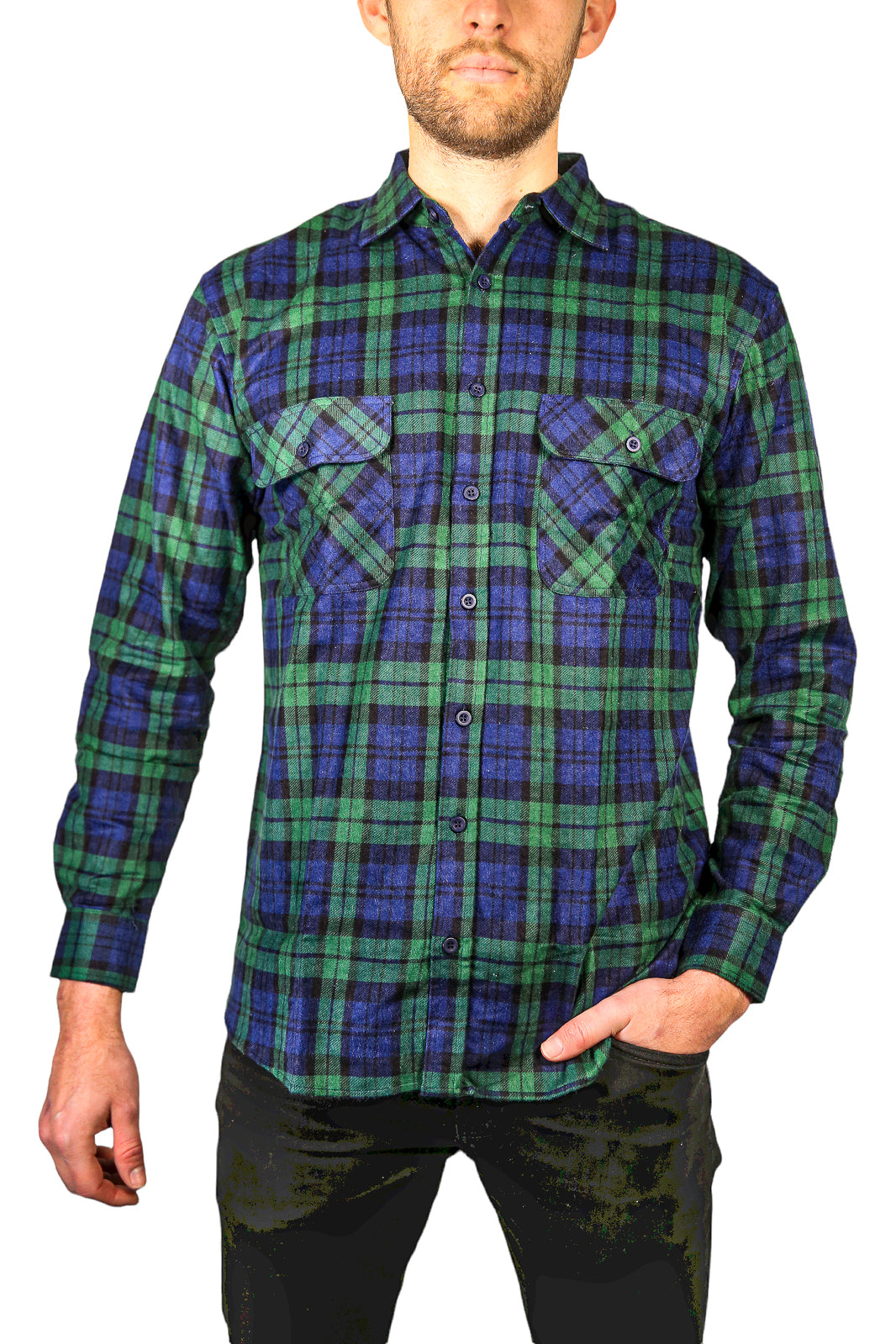 Mens Flannelette Long Sleeve Shirt 100% Cotton Check Authentic Flannel - Full Placket - Green - L 4