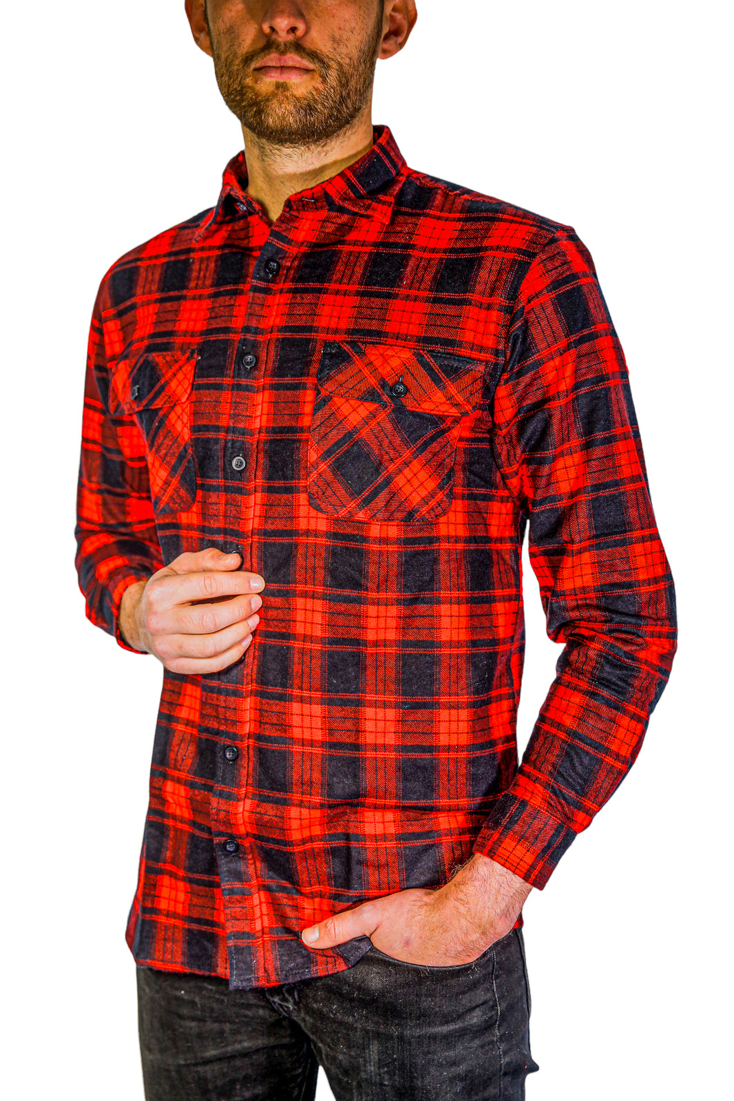 Mens Flannelette Long Sleeve Shirt 100% Cotton Check Authentic Flannel - Full Placket - Red - S 4