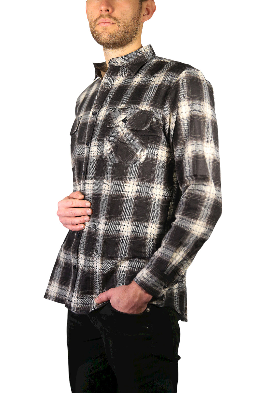 Mens Flannelette Long Sleeve Shirt 100% Cotton Check Authentic Flannel - Full Placket - Black - M 4