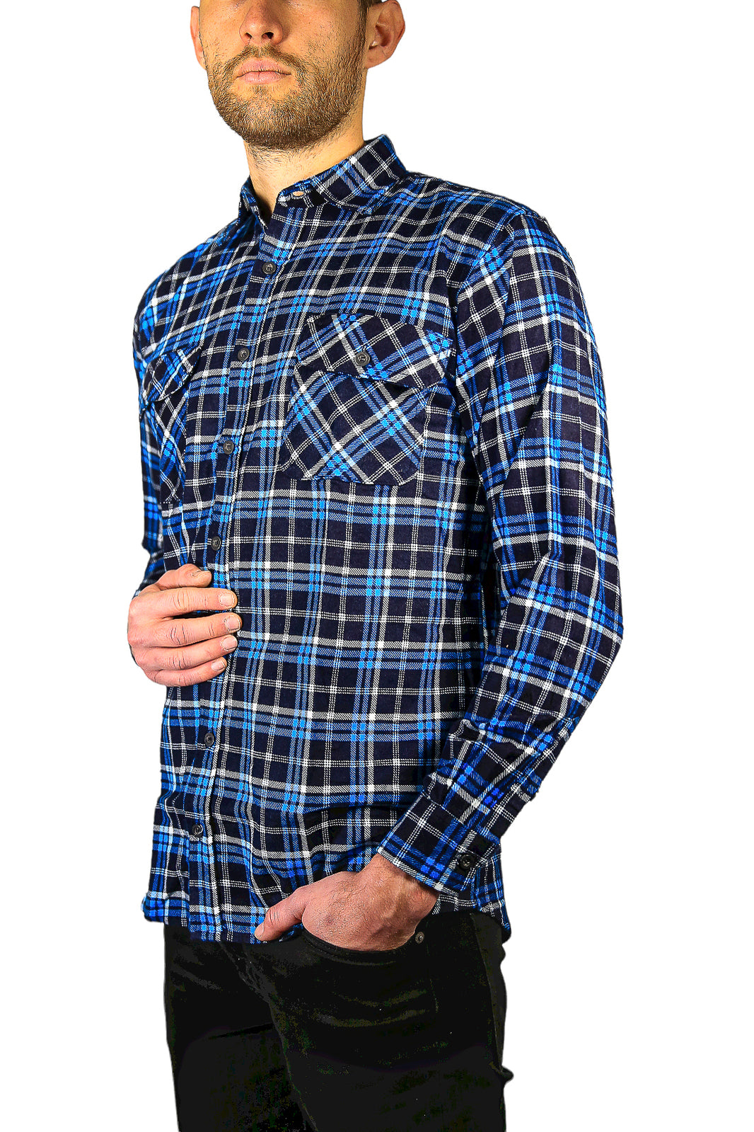 Mens Flannelette Long Sleeve Shirt 100% Cotton Check Authentic Flannel - Full Placket - Turquoise/Black - M 5
