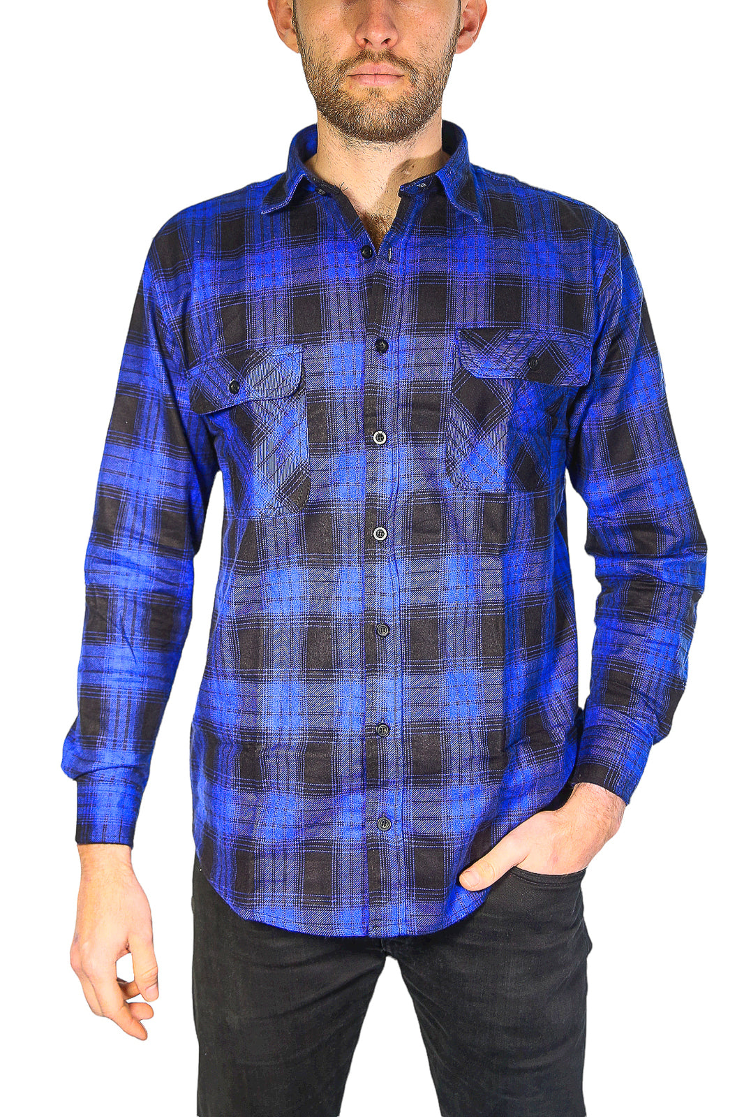 Mens Flannelette Long Sleeve Shirt 100% Cotton Check Authentic Flannel - Full Placket - Royal Blue  - L