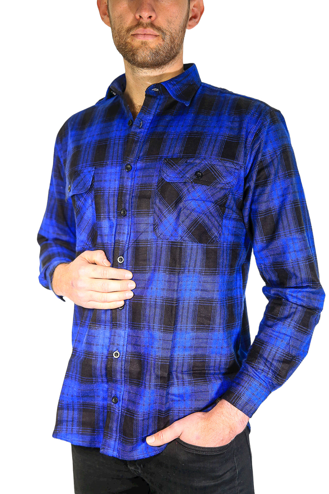 Mens Flannelette Long Sleeve Shirt 100% Cotton Check Authentic Flannel - Full Placket - Royal Blue  - M 5