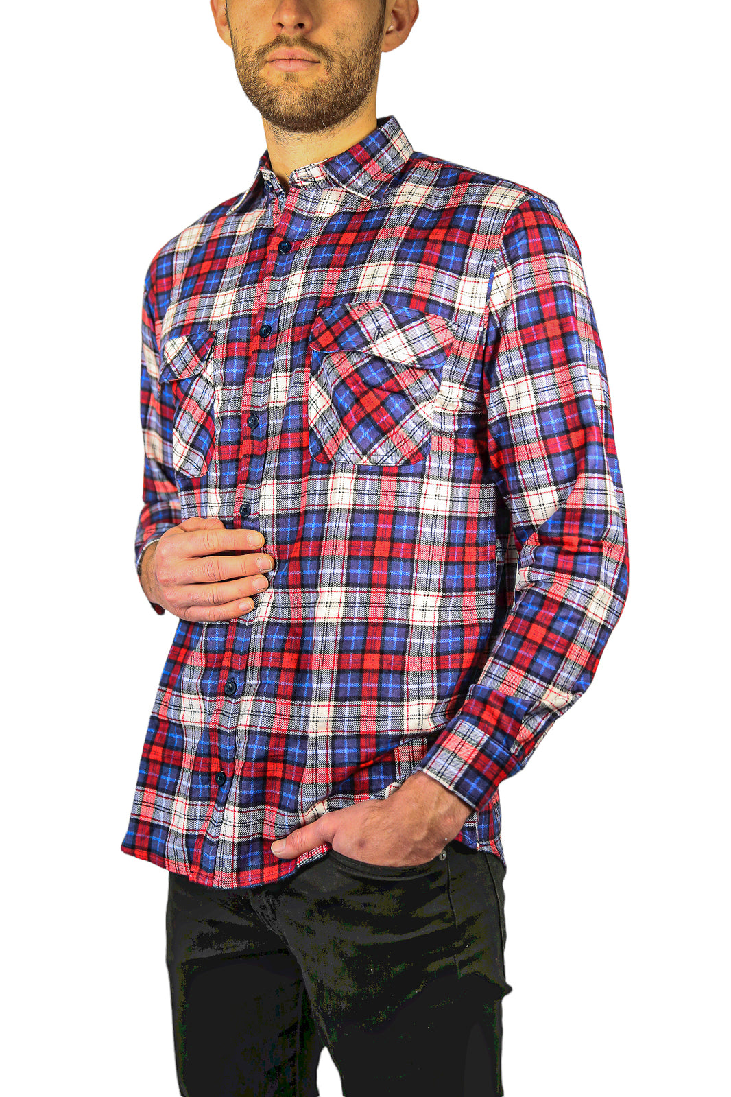 Mens Flannelette Long Sleeve Shirt 100% Cotton Check Authentic Flannel - Full Placket - Navy/Red/White - XL 5