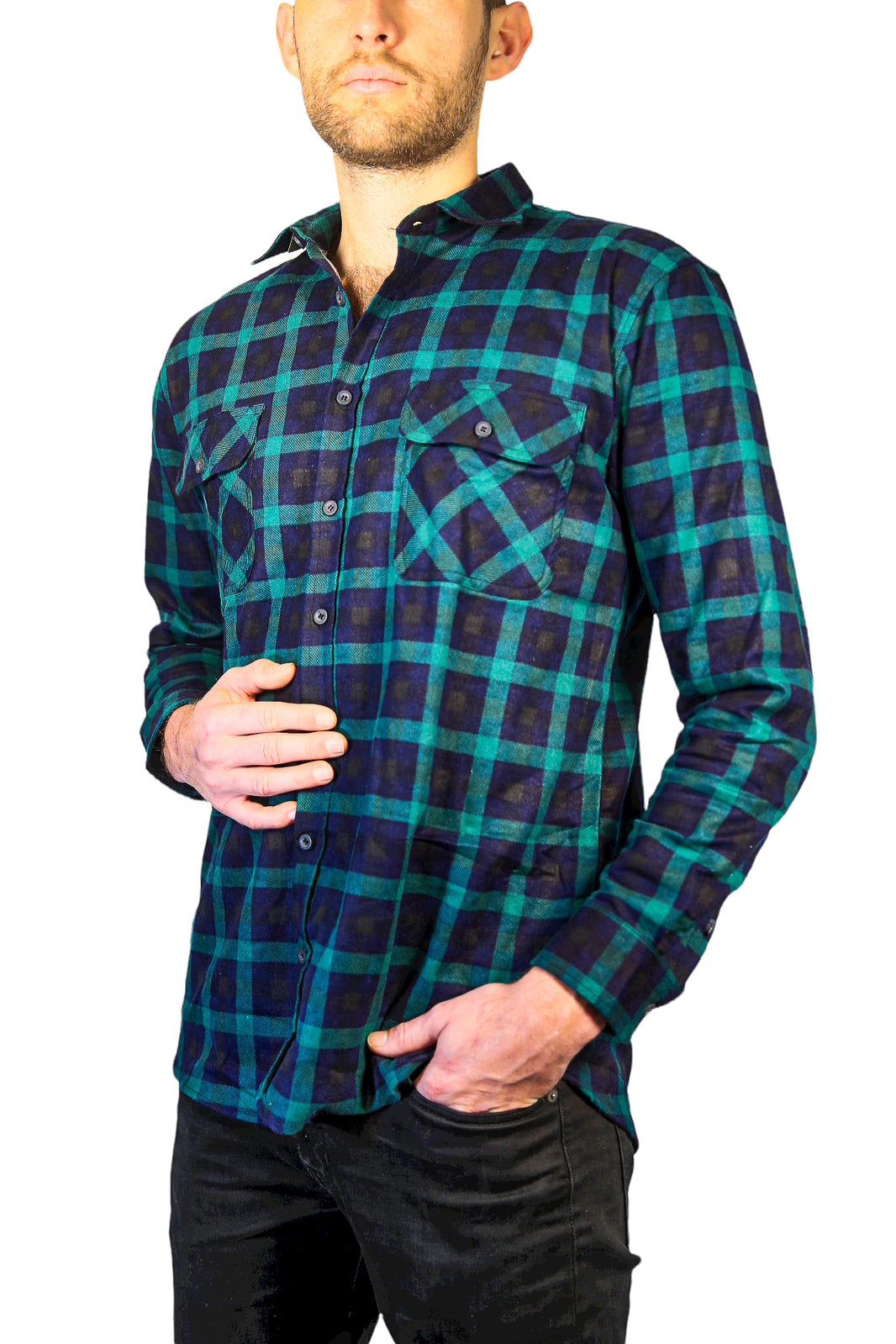 Mens 100% Cotton Flannelette Shirt Long Sleeve Check Authentic Flannel - Green/Navy - 4XL 6