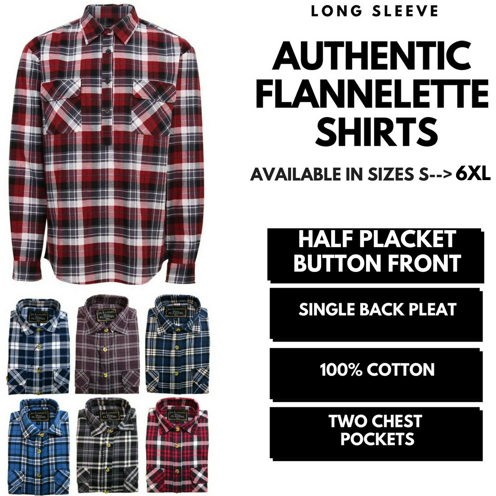 Mens Half Placket Flannelette Long Sleeve Pullover Shirt 100% Cotton Check Authentic Flannel  - Black/Purple - S 3