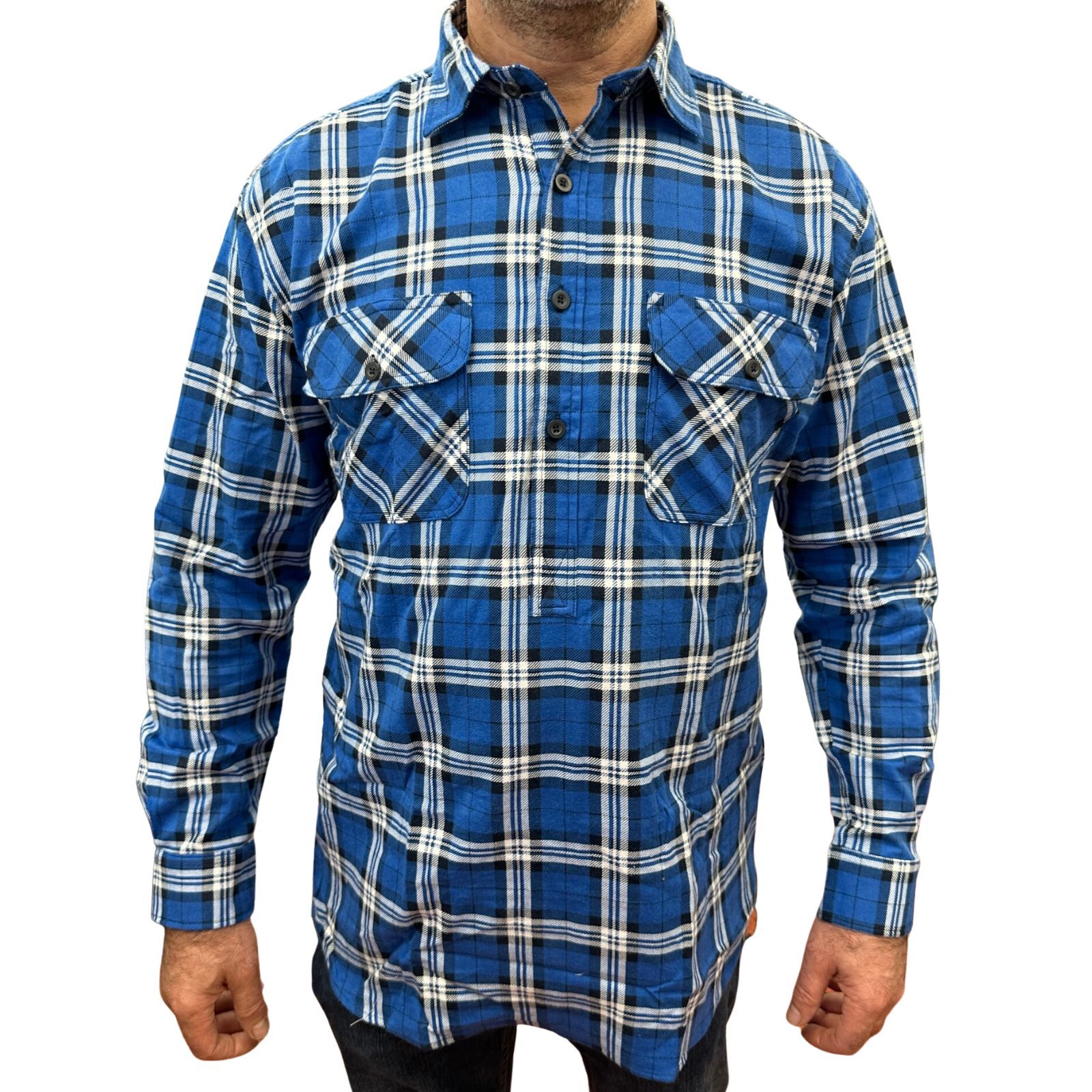 Mens Flannelette Long Sleeve Pullover Shirt 100% Cotton Flannel - Half Placket - Navy - 5XL