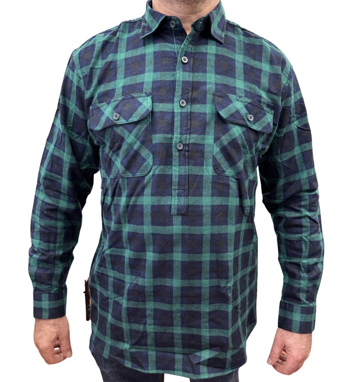 Mens Flannelette Long Sleeve Pullover Shirt 100% Cotton Flannel - Half Placket - Green/Navy - 7XL 5