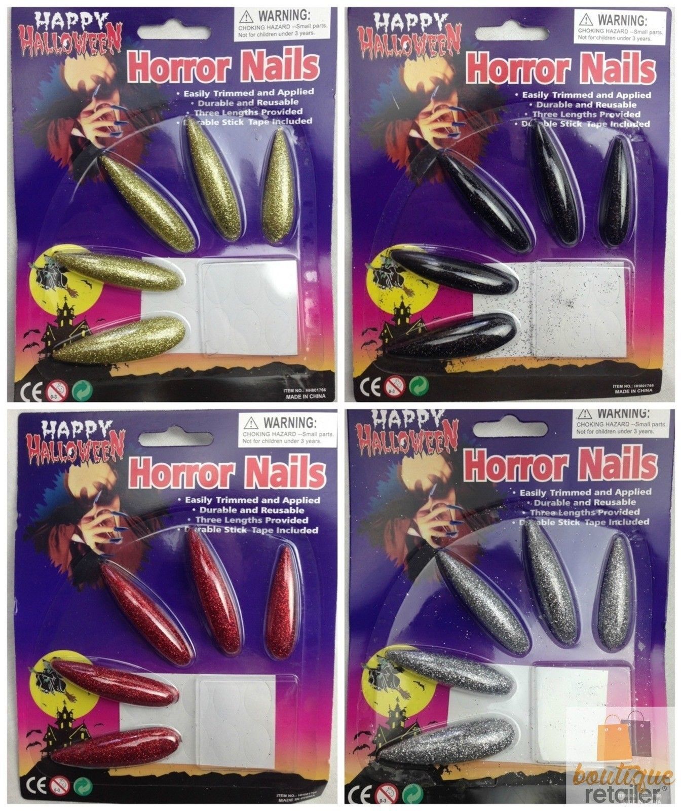 10x Long GLITTER HORROR NAILS Halloween Party Costume Accessory Vampire Witch - Silver 3