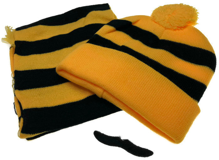 Tigers Beanie Hat & Scarf Set Party Costume w Moustache Warm Winter - Black/Yellow Stripe 3
