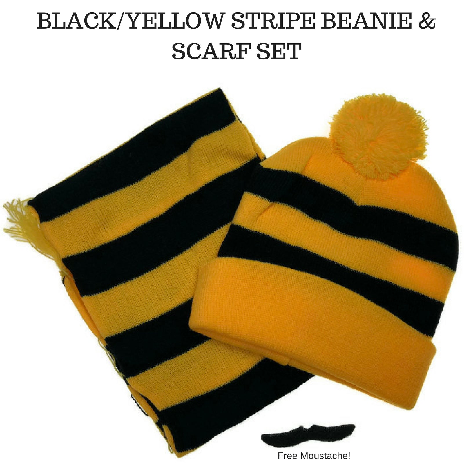 Tigers Beanie Hat & Scarf Set Party Costume w Moustache Warm Winter - Black/Yellow Stripe 4