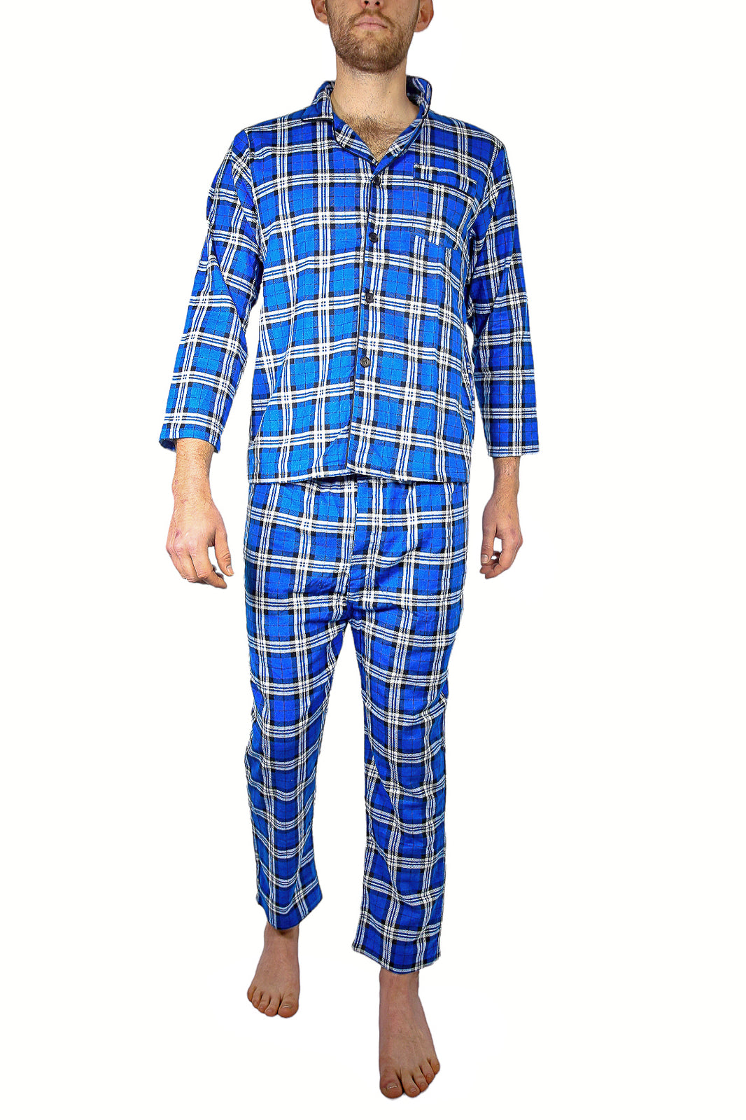 Mens Flannelette Pyjama Set Sleepwear Soft 100% Cotton PJs Two Piece Pajamas - Blue - 3XL 4
