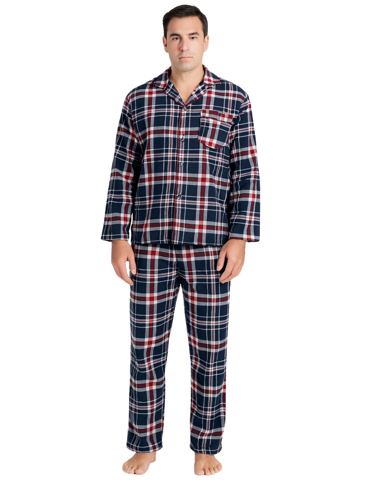 Mens Flannelette Pyjama Set Sleepwear Soft 100% Cotton PJs Two Piece - Navy/Red Check - S 4