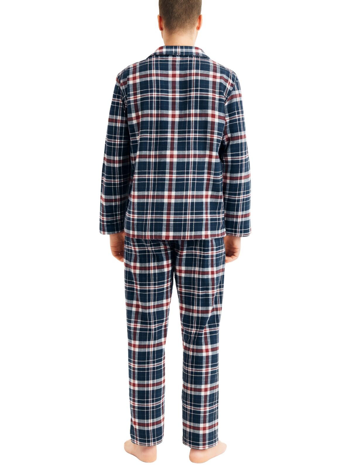 Mens Flannelette Pyjama Set Sleepwear Soft 100% Cotton PJs Two Piece - Navy/Red Check - S 5