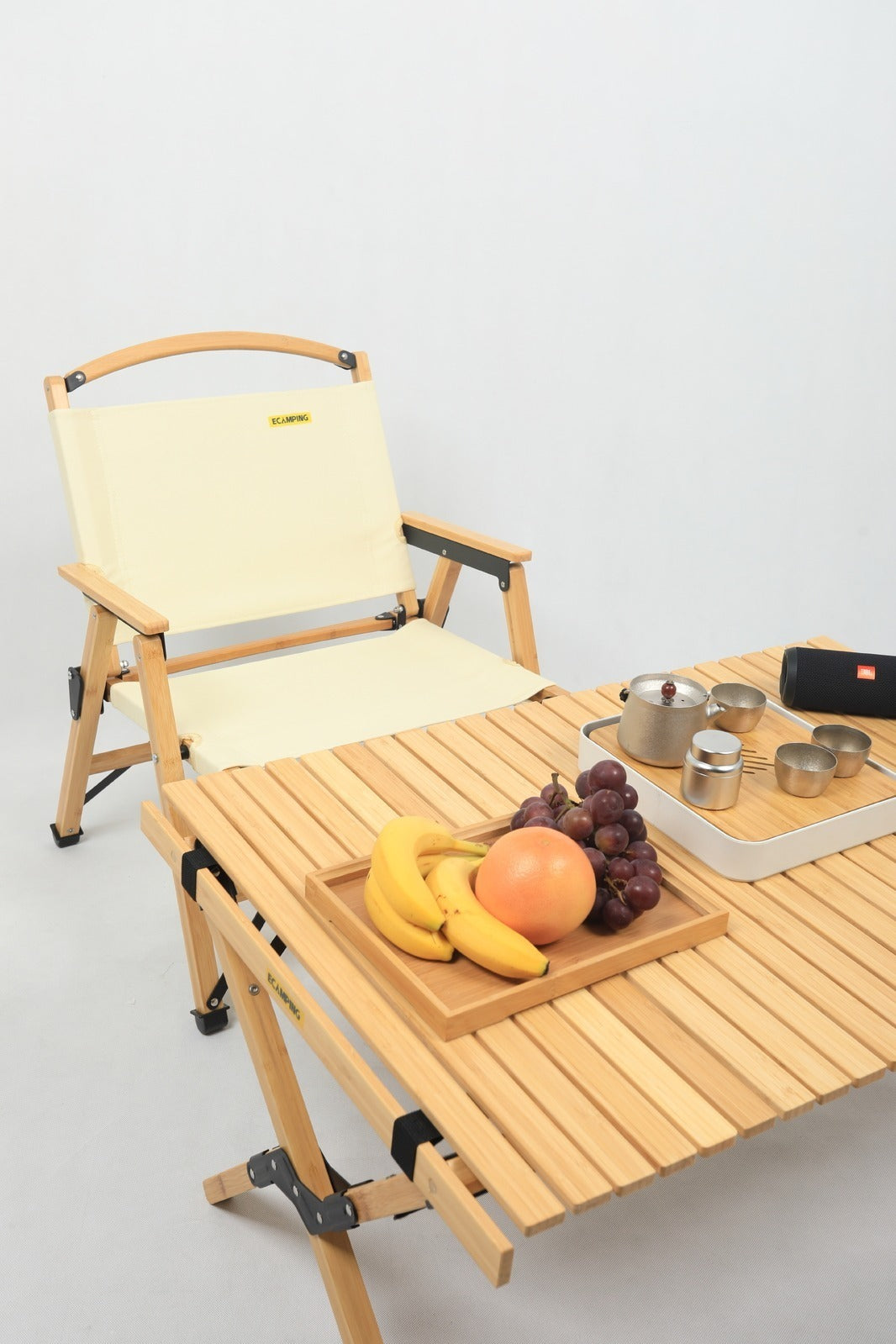 4x Bamboo Canvas Foldable Outdoor Camping Chair Wooden Picnic Park - Khaki/Beige 4