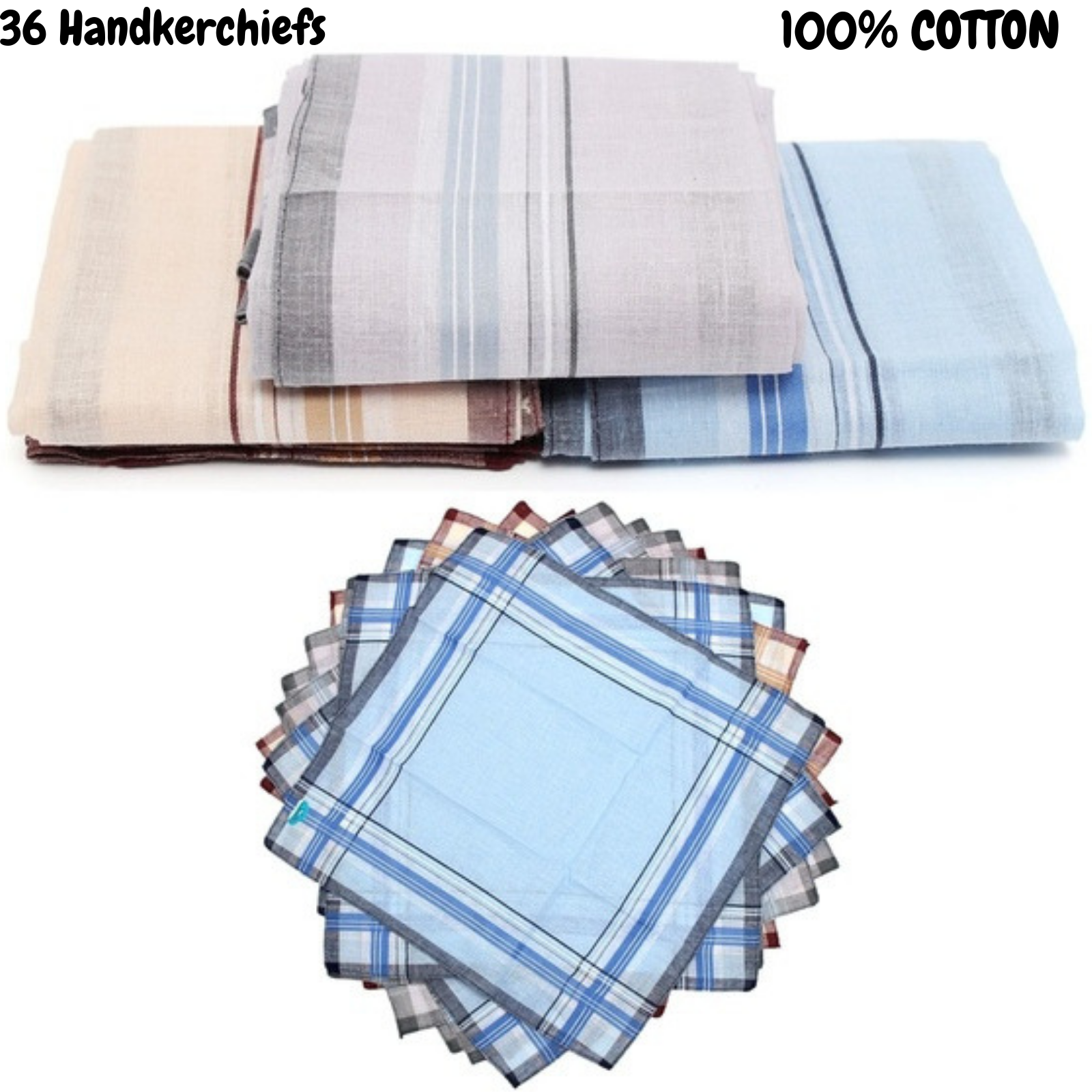 Mens HANDKERCHIEFS 100% Cotton Pocket Square Hanky Handkerchief 35x35cm - 36 Hankies 6