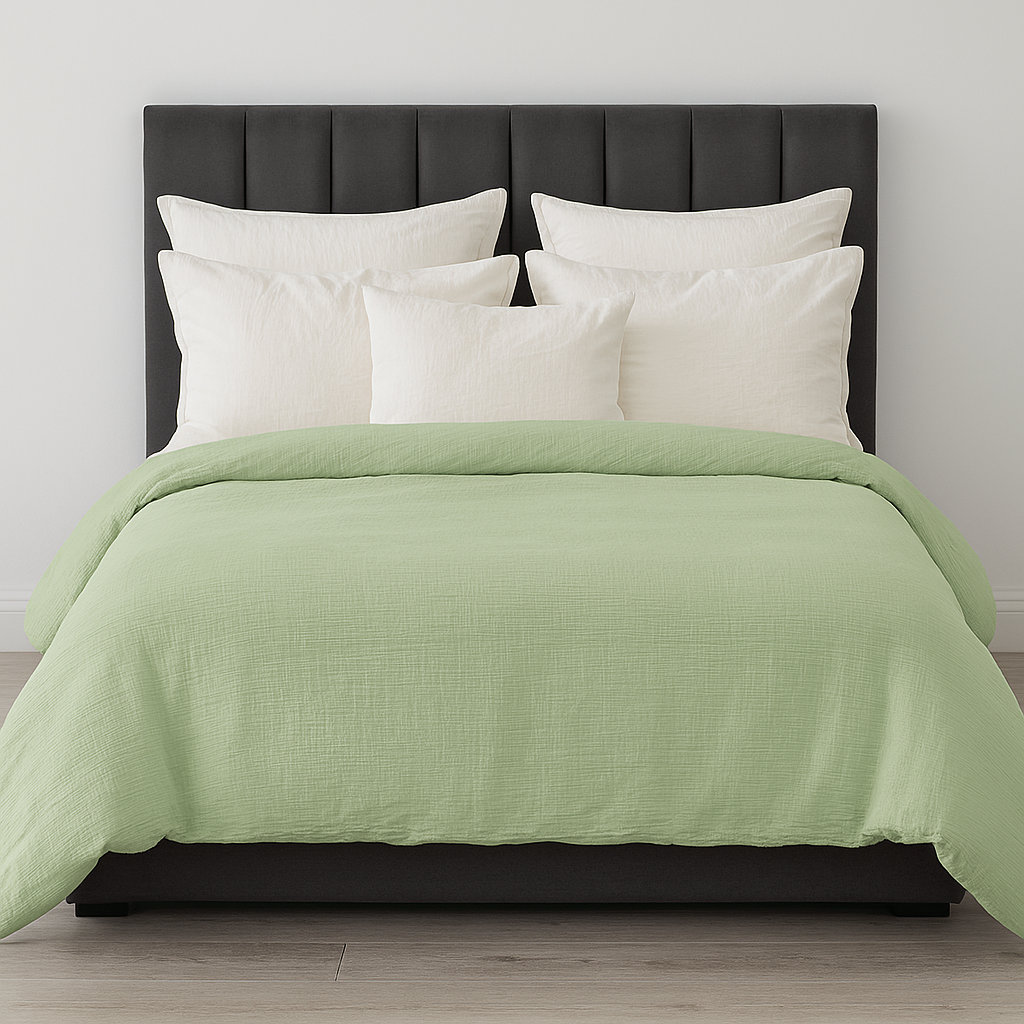 100% Cotton Muslin Duvet Quilt Cover Set w/ 2 Pillow Cases in Pastel Green - Double