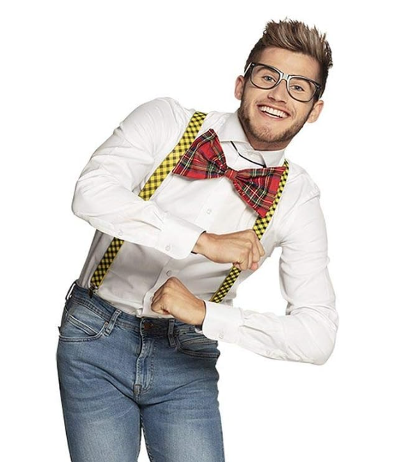 NERD COSTUME KIT Set Geek Glasses Fancy Dress Retro Funny Braces Bow Tie Party 6