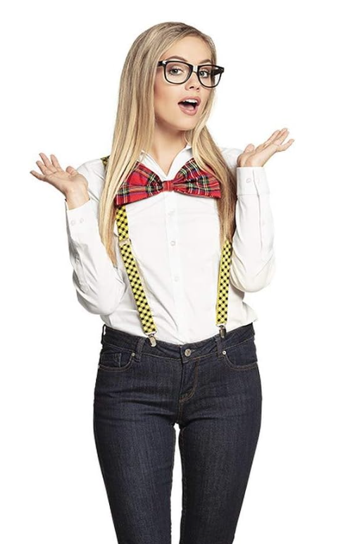 NERD COSTUME KIT Set Geek Glasses Fancy Dress Retro Funny Braces Bow Tie Party 7