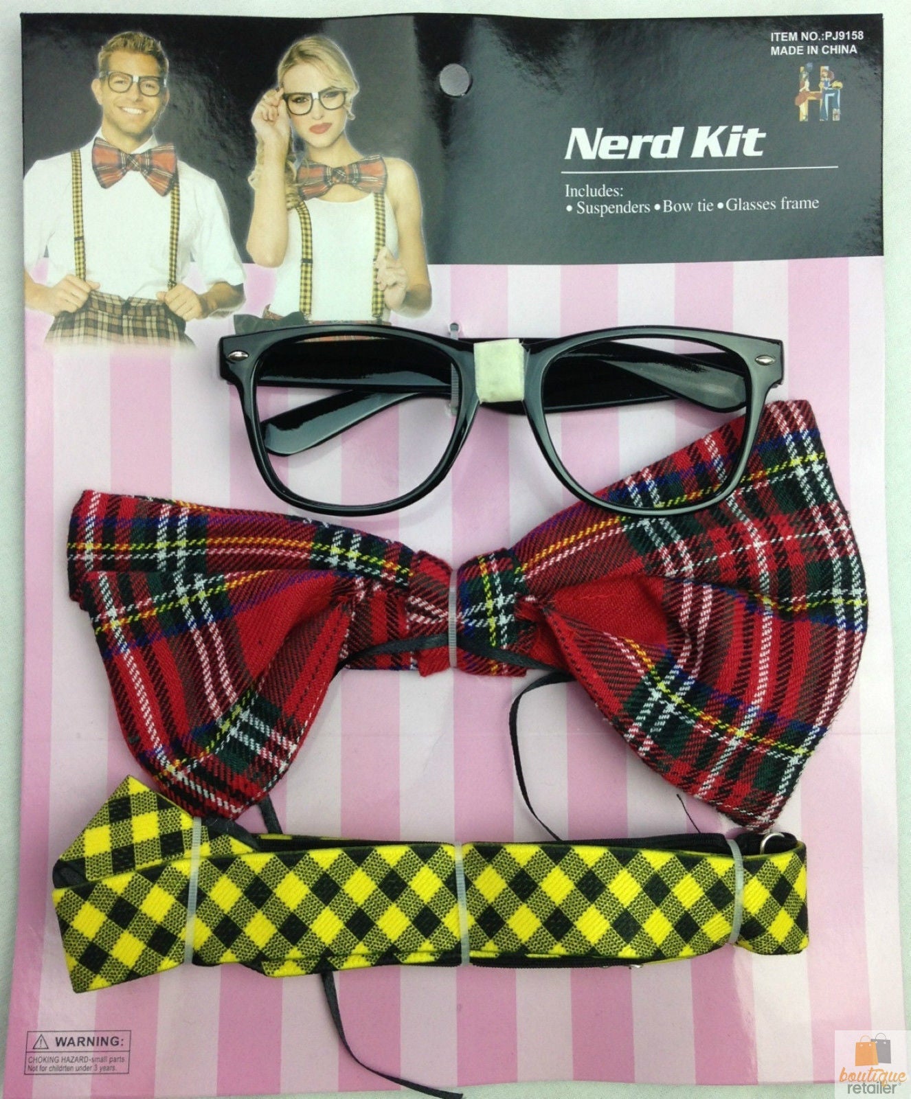 NERD COSTUME KIT Set Geek Glasses Fancy Dress Retro Funny Braces Bow Tie Party 8