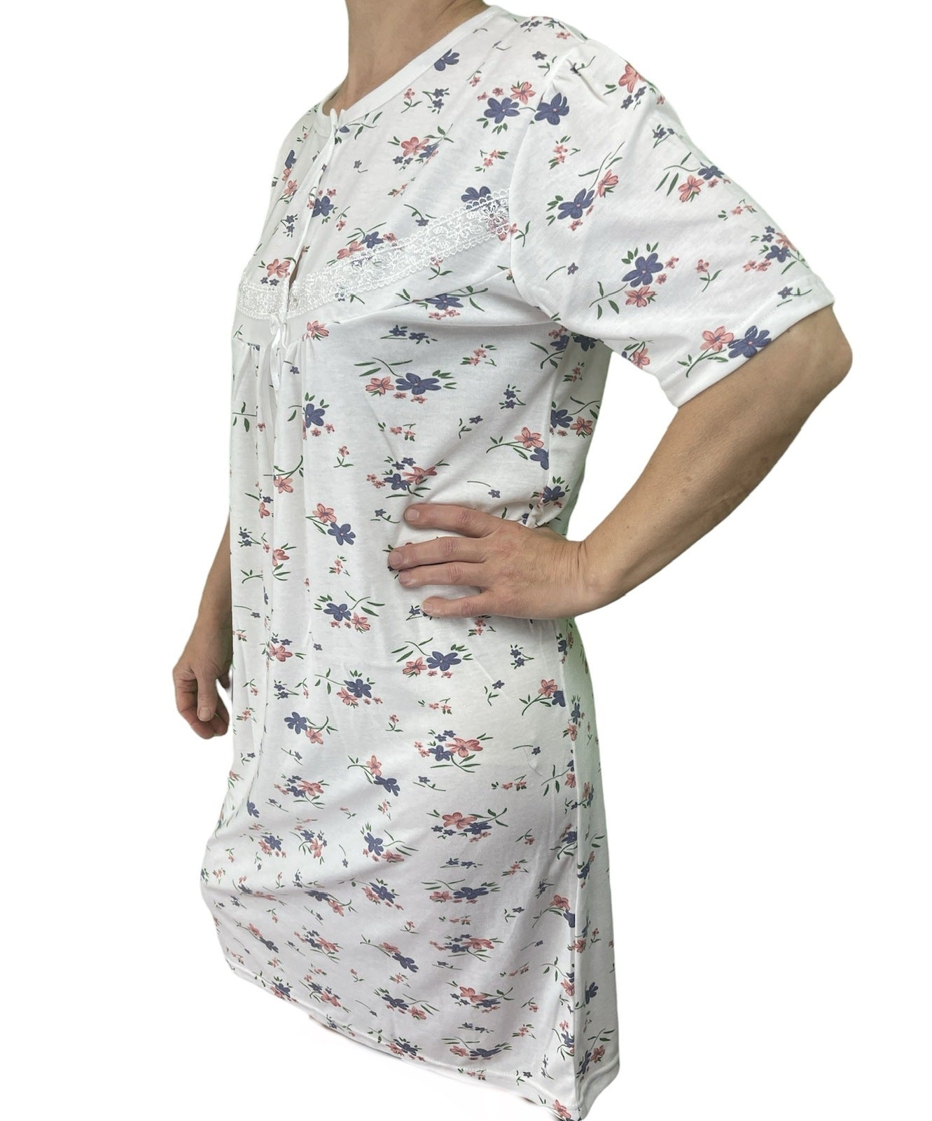 Womens Ladies Cotton Nightie Night Gown Slip Petticoat PJs Sleepwear Dress - White/Pink - 14 4