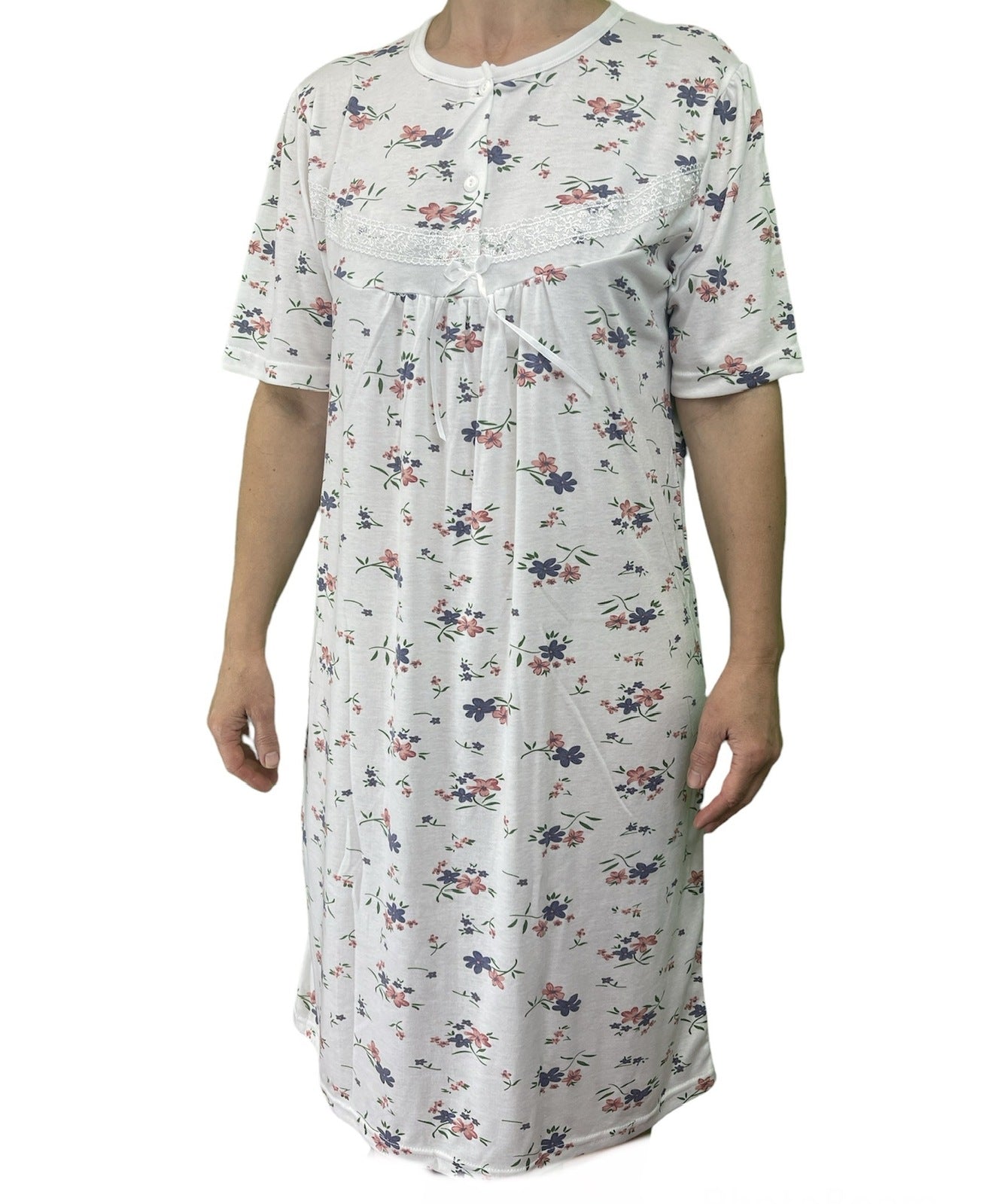 Womens Ladies Cotton Nightie Night Gown Slip Petticoat PJs Sleepwear Dress - White/Pink - 16