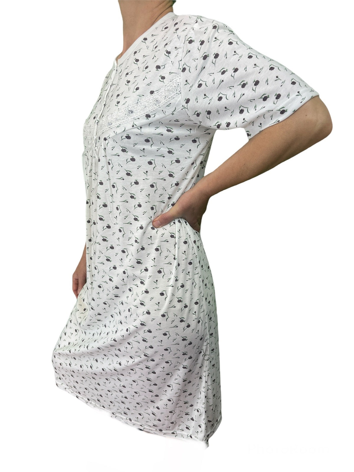Womens Ladies Cotton Nightie Night Gown Slip Petticoat PJs Sleepwear Dress - White/Purple - 16 4