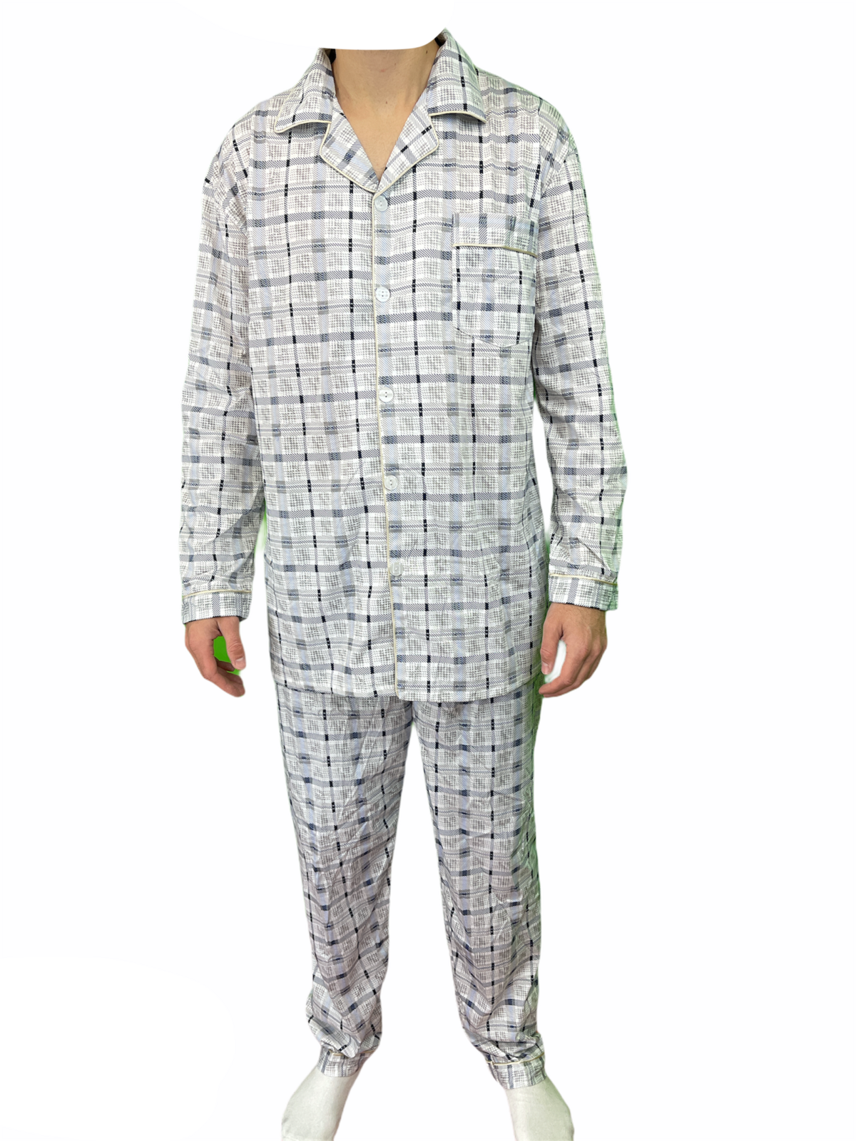Mens Cotton Pajamas Pyjamas PJs Long Sleeve Shirt Tops + Pants Set Sleepwear - White/Blue - XXL
