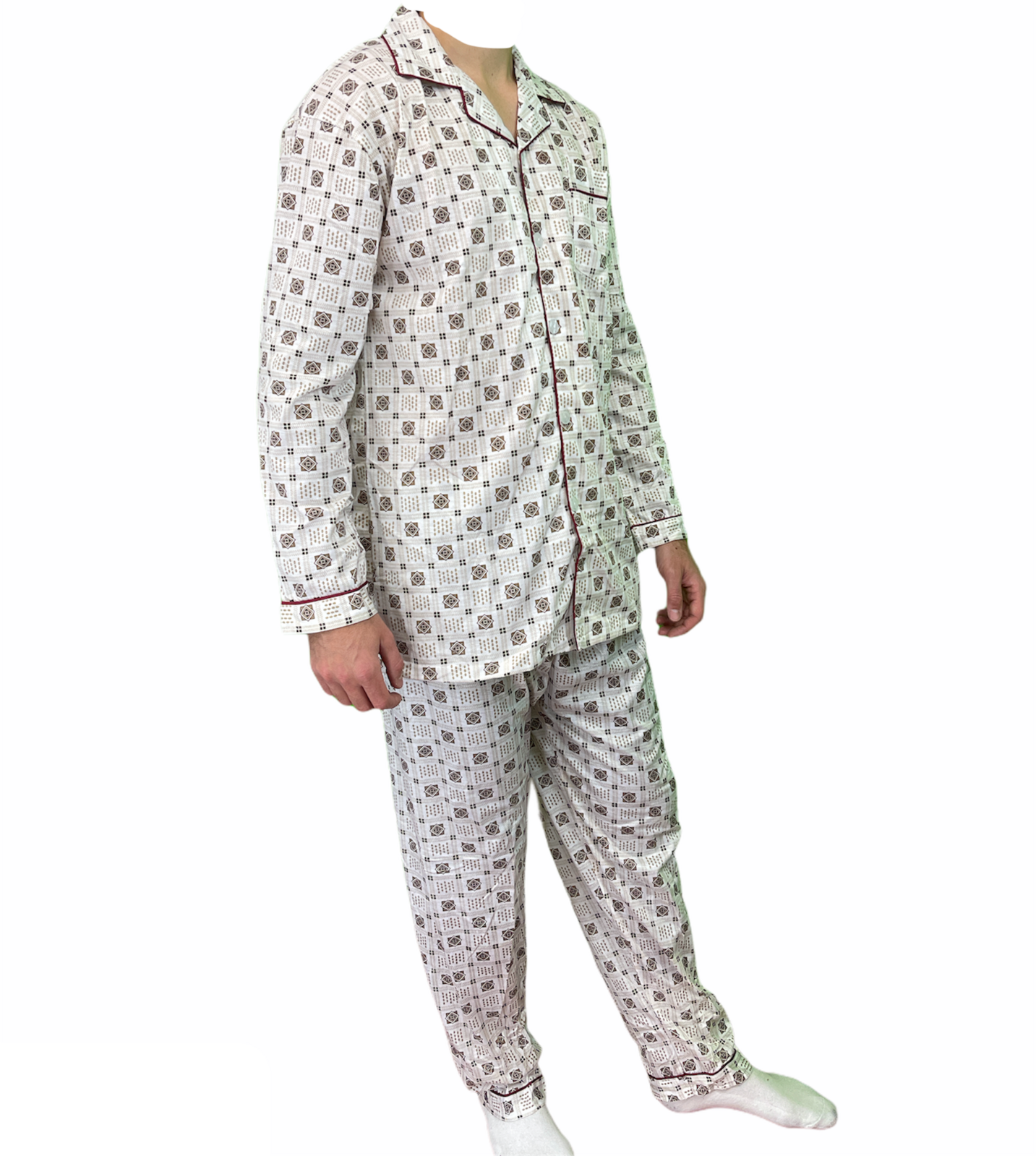 Mens Cotton Pajamas Pyjamas PJs Long Sleeve Shirt Tops + Pants Set Sleepwear - White/Brown - M 4