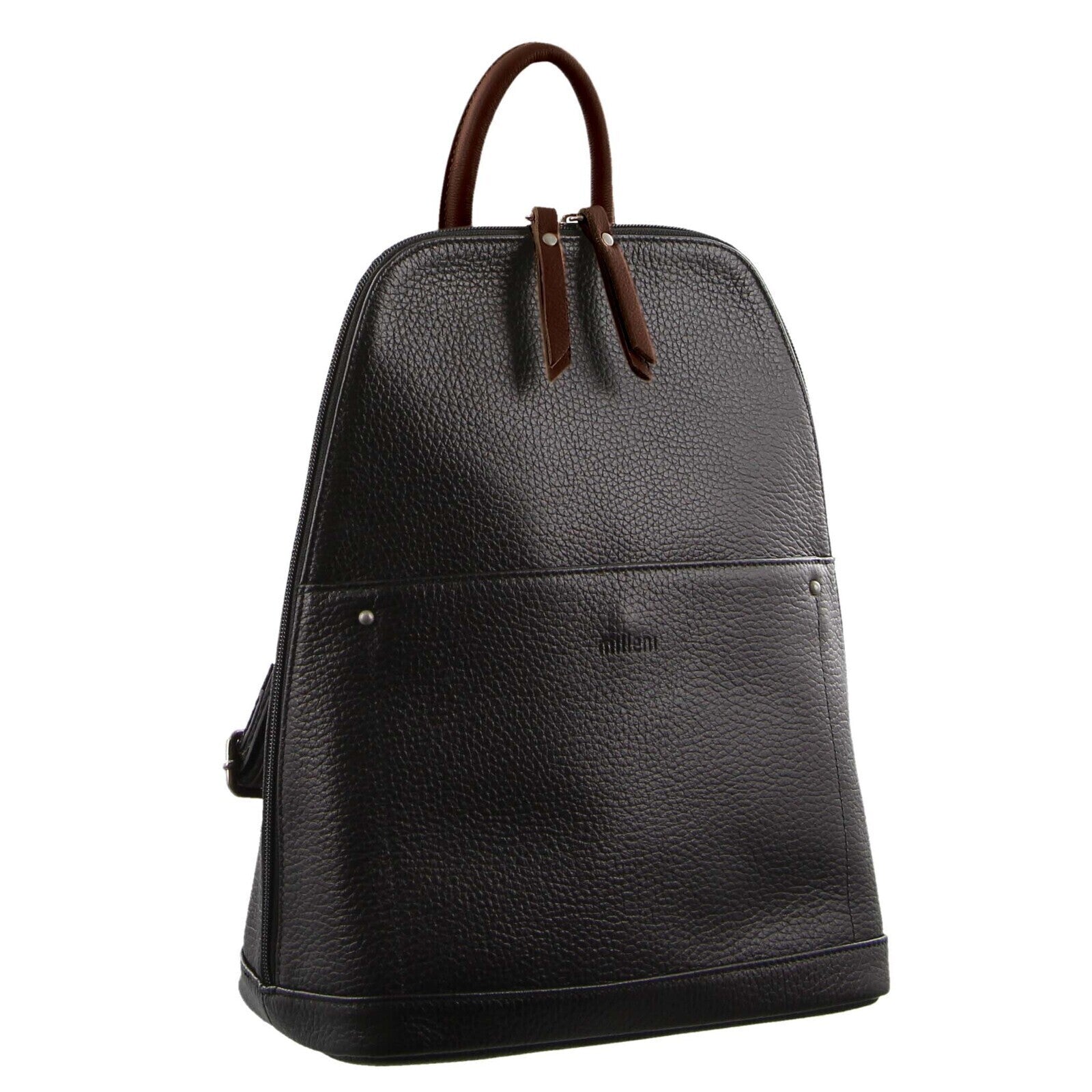 Milleni Ladies Genuine Italian Leather Backpack Bag Twin Zip - Black/Chestnut 5