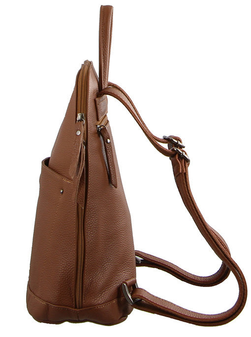 Milleni Ladies Genuine Italian Leather Backpack Bag Twin Zip - Cognac 4