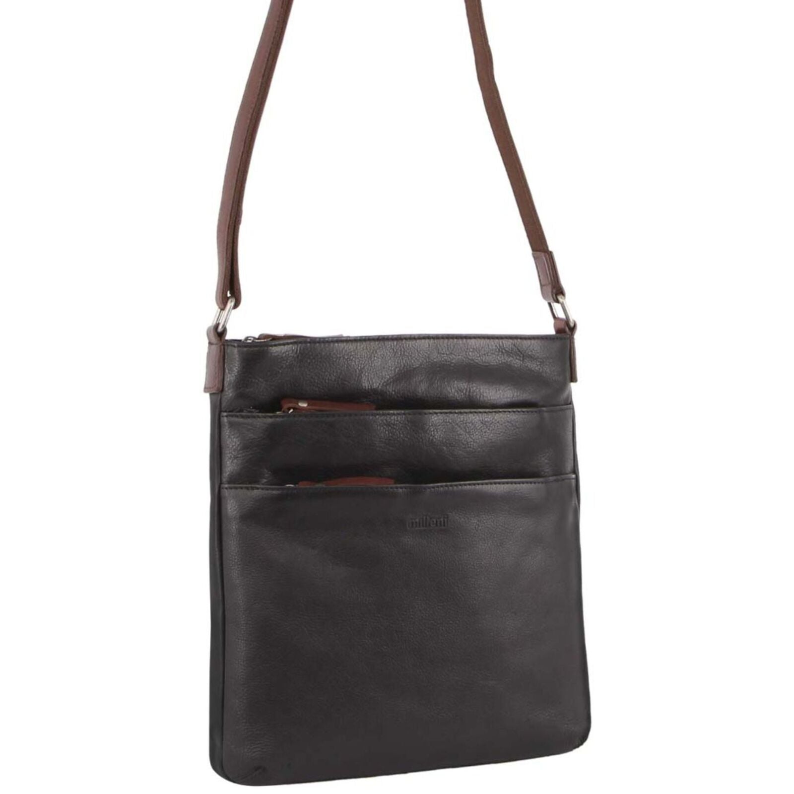 Milleni Womens Italian Leather Bag Soft Nappa Leather Cross-Body Travel - Black/Chestnut
