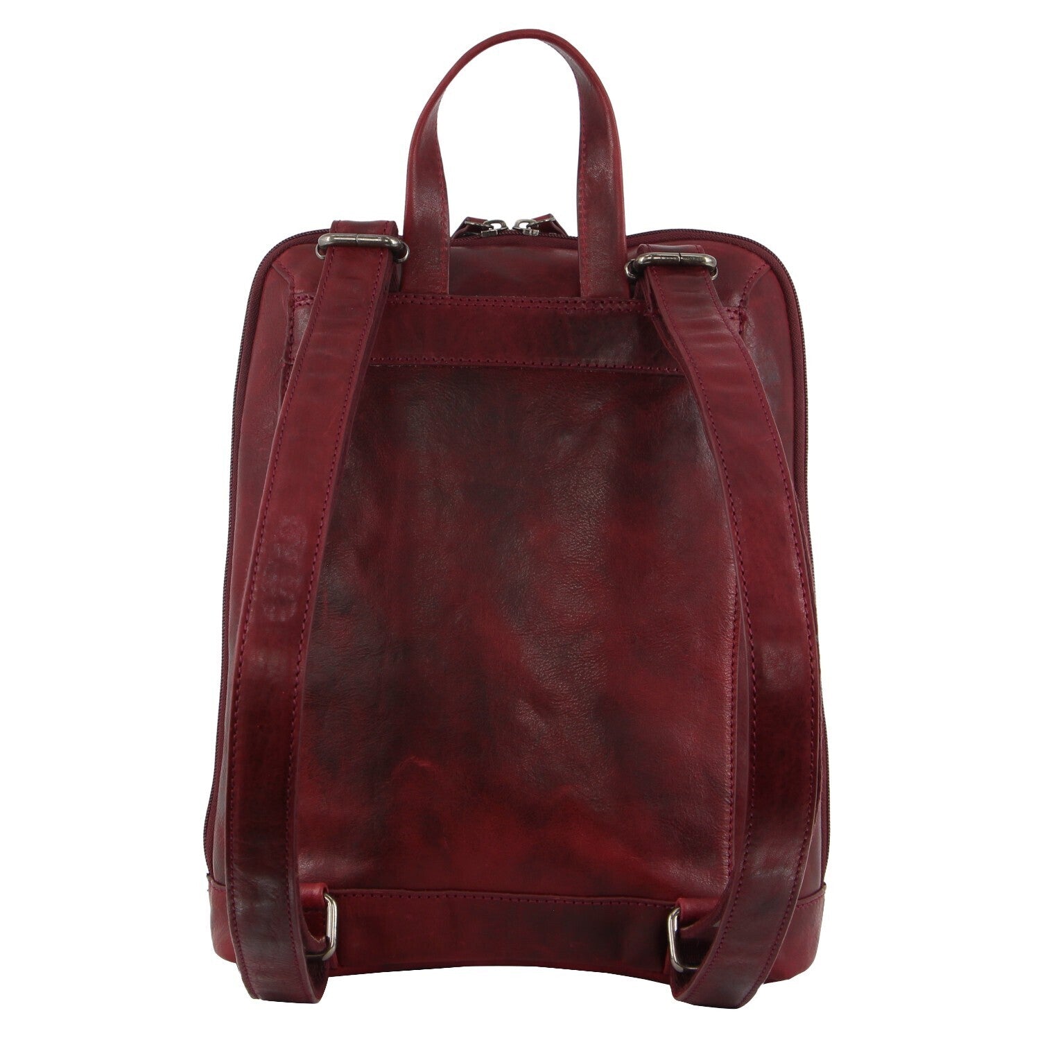 Milleni Ladies Nappa Leather Bag Twin Zip Backpack w/ Zipped Pocket - Cherry Red 3