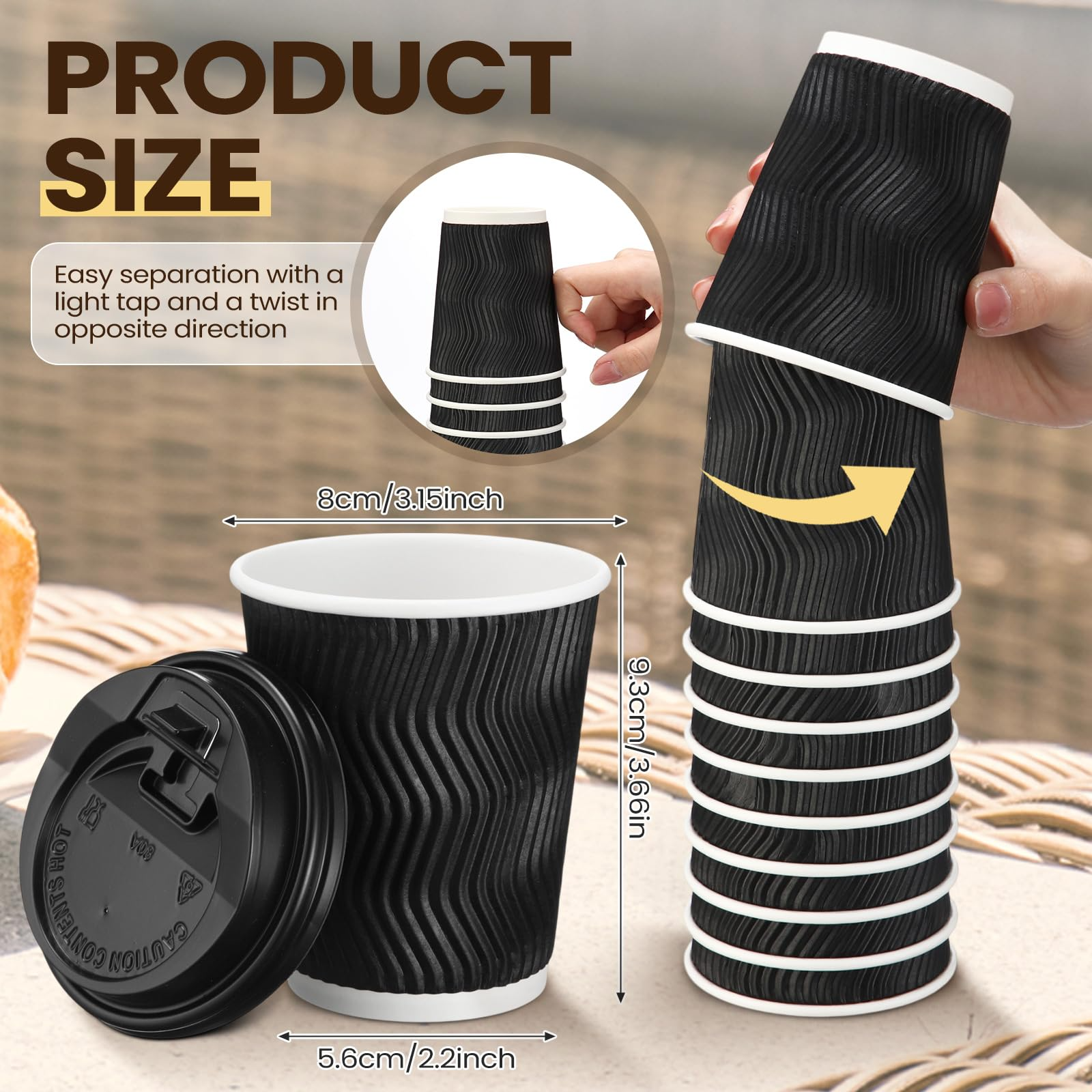 360x Triple Wall Paper Coffee Cups w/Lids (8oz) Disposable Takeaway Bulk in Black 5