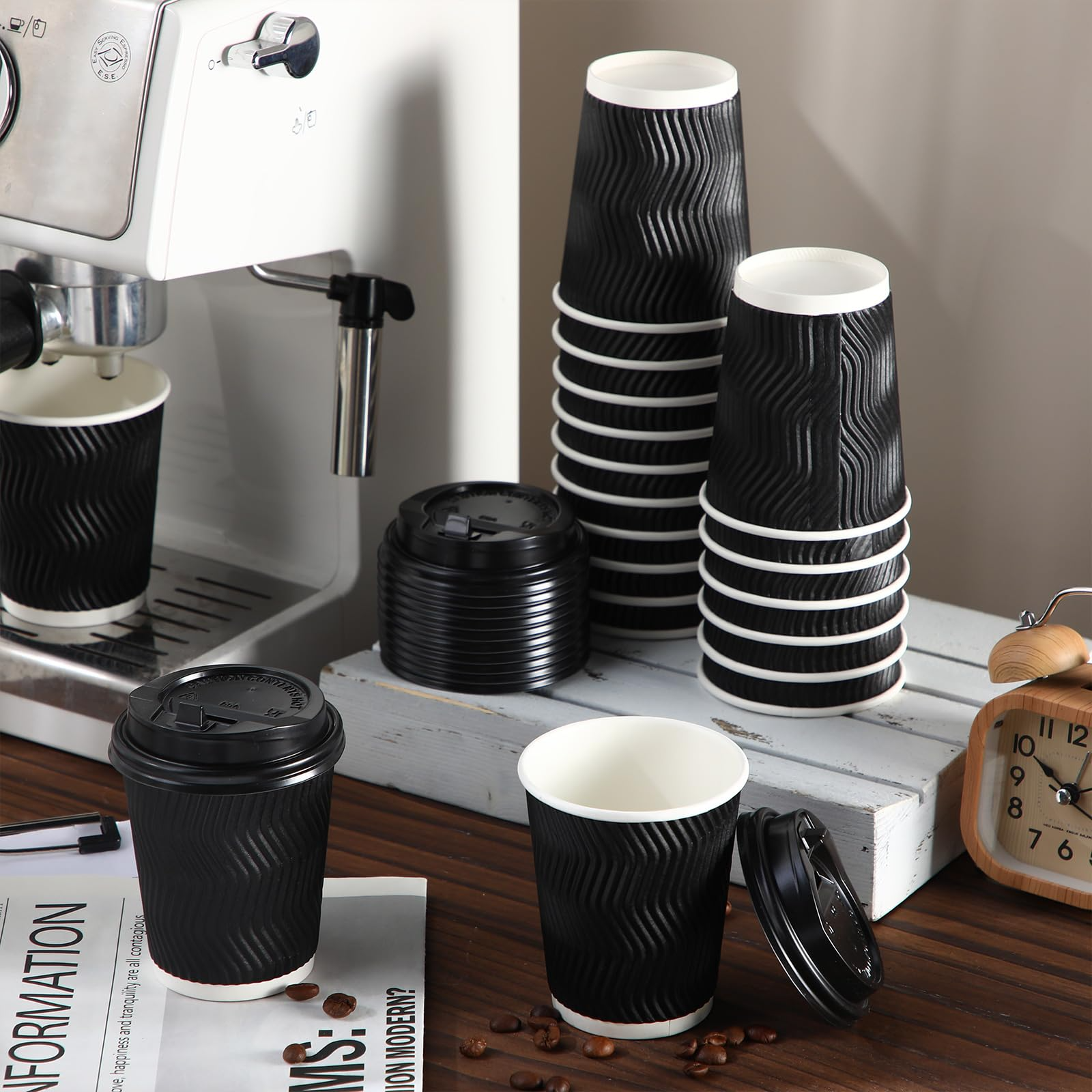 360x Triple Wall Paper Coffee Cups w/Lids (8oz) Disposable Takeaway Bulk in Black 6