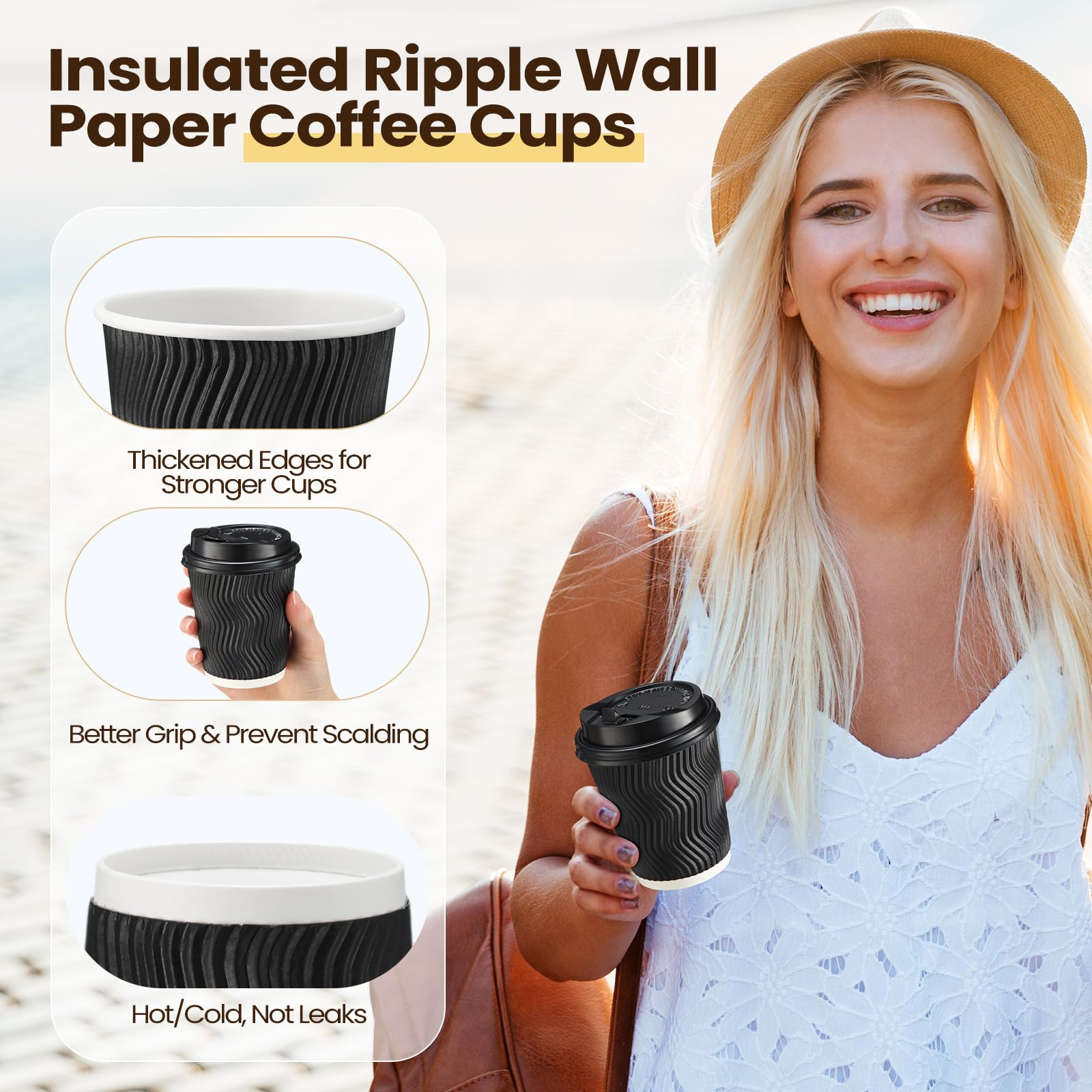 360x Triple Wall Paper Coffee Cups w/Lids (8oz) Disposable Takeaway Bulk in Black 7