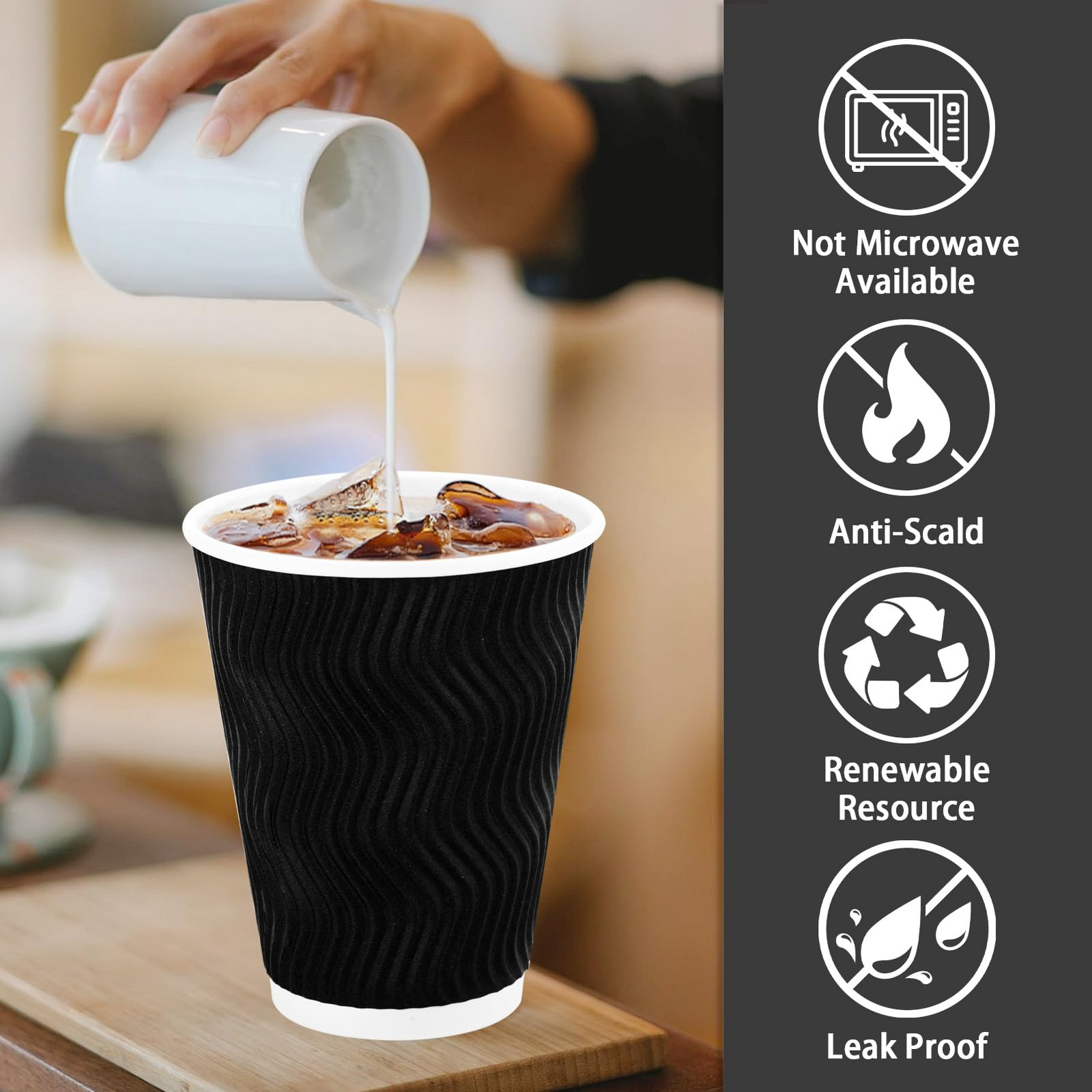 500x Triple Wall Coffee Cups (12oz) Disposable Takeaway BPA Free Paper Bulk in Black 3
