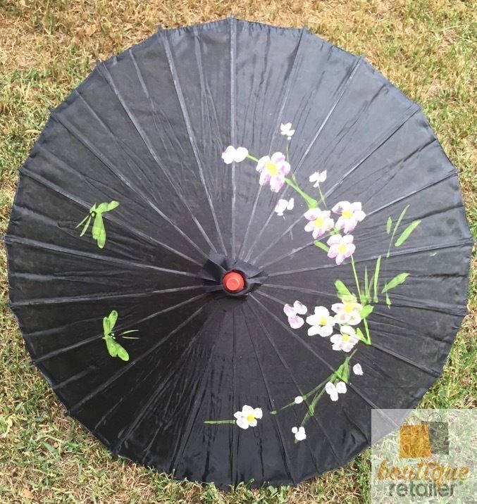 PARASOL UMBRELLA Chinese Japanese Bamboo Flower Pattern Fabric 80cm Diameter - Black 3