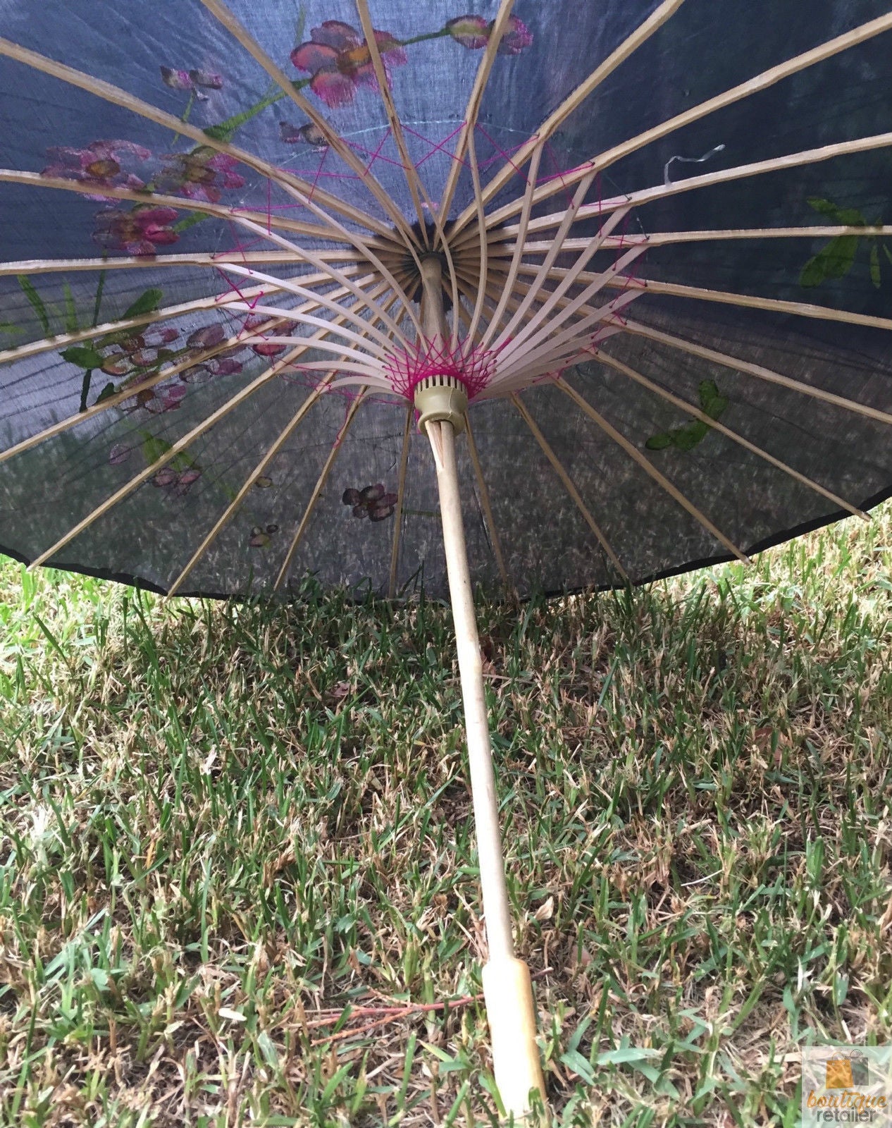 PARASOL UMBRELLA Chinese Japanese Bamboo Flower Pattern Fabric 80cm Diameter - Black 4