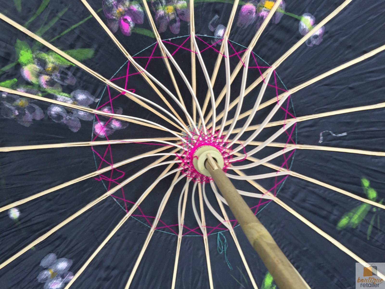 PARASOL UMBRELLA Chinese Japanese Bamboo Flower Pattern Fabric 80cm Diameter - Black 5