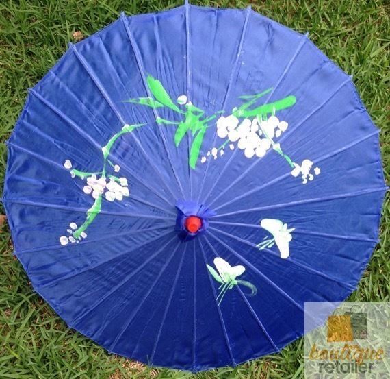 PARASOL UMBRELLA Chinese Japanese Bamboo Flower Pattern Fabric 80cm Diameter - Blue 3