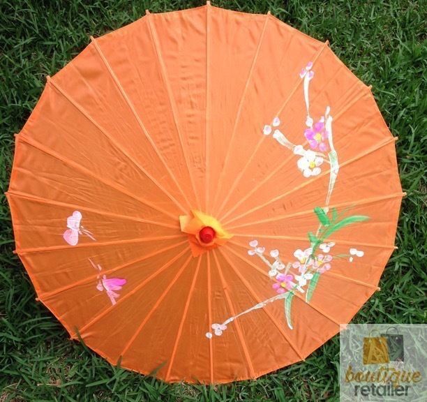PARASOL UMBRELLA Chinese Japanese Bamboo Flower Pattern Fabric 80cm Diameter - Orange 3