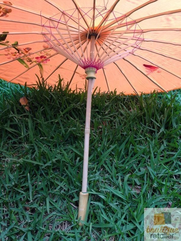 PARASOL UMBRELLA Chinese Japanese Bamboo Flower Pattern Fabric 80cm Diameter - Orange 4