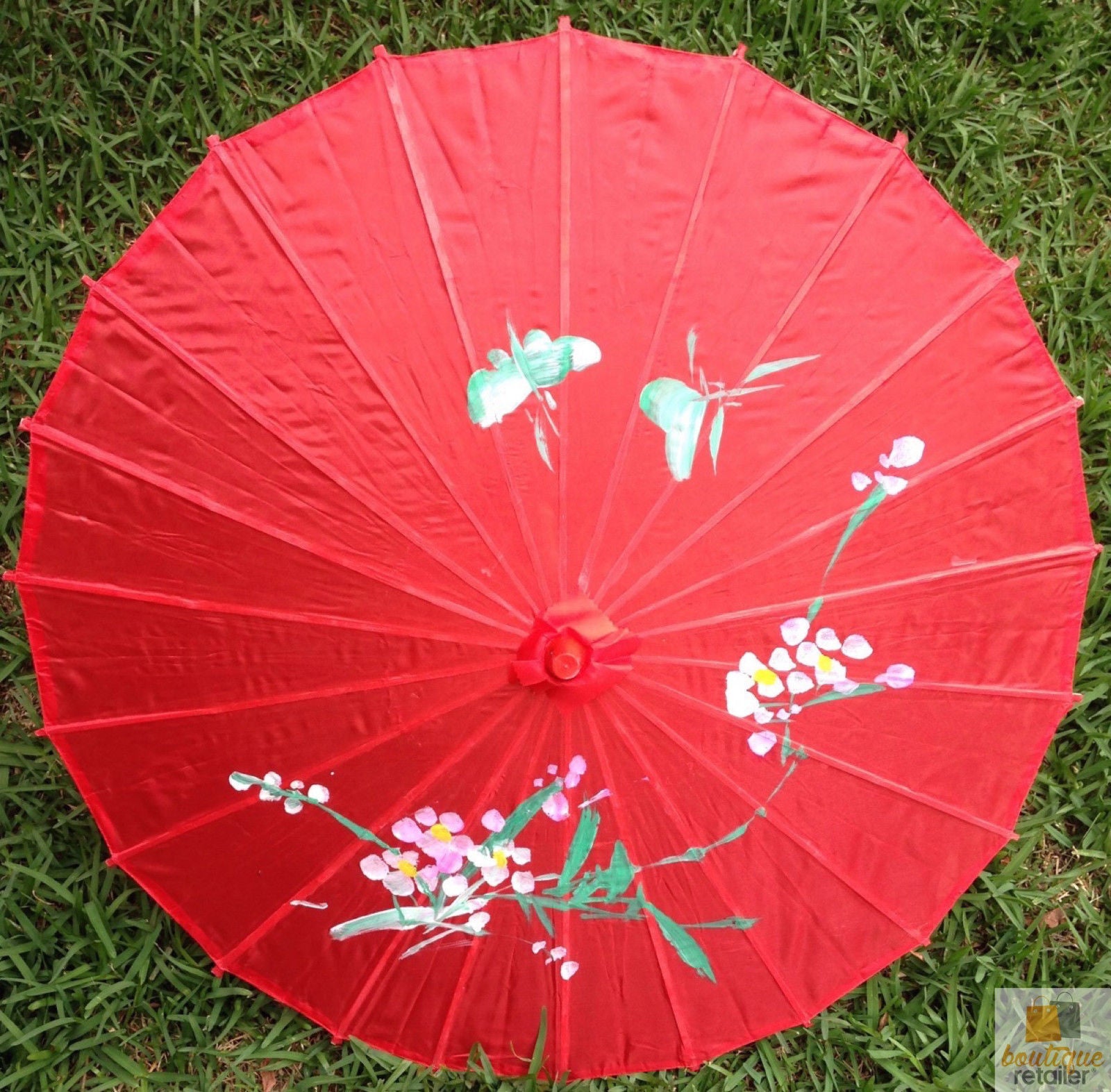 PARASOL UMBRELLA Chinese Japanese Bamboo Flower Pattern Fabric 80cm Diameter - Red 3