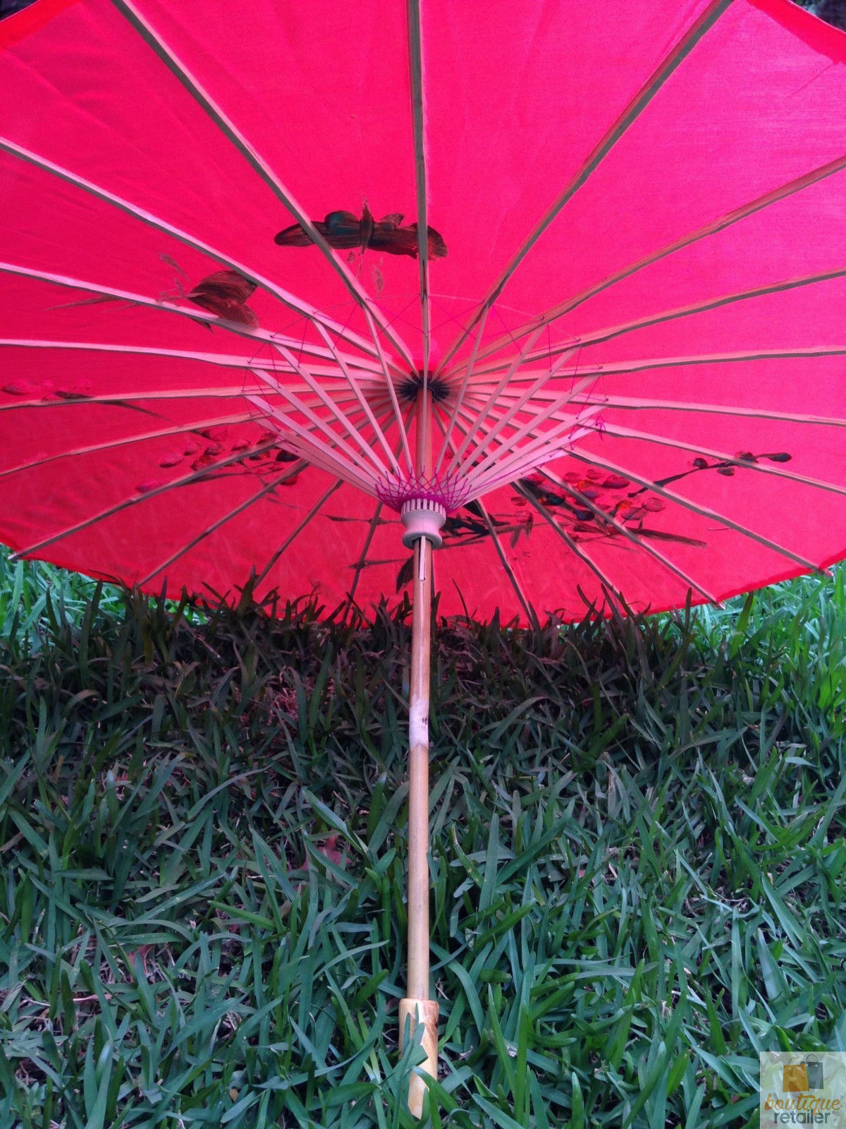 PARASOL UMBRELLA Chinese Japanese Bamboo Flower Pattern Fabric 80cm Diameter - Red 4